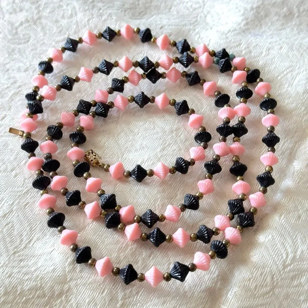 48” Vintage Art Deco Pink and Black Celluloid Trapezoid Necklace 1940’s Flapper